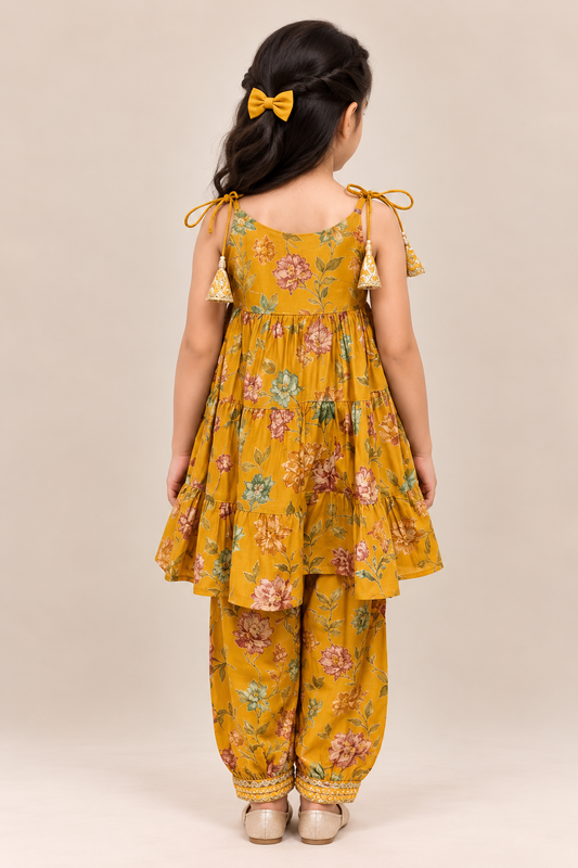 Yellow Floral Tiered Spaghetti Top with Afghan Pants