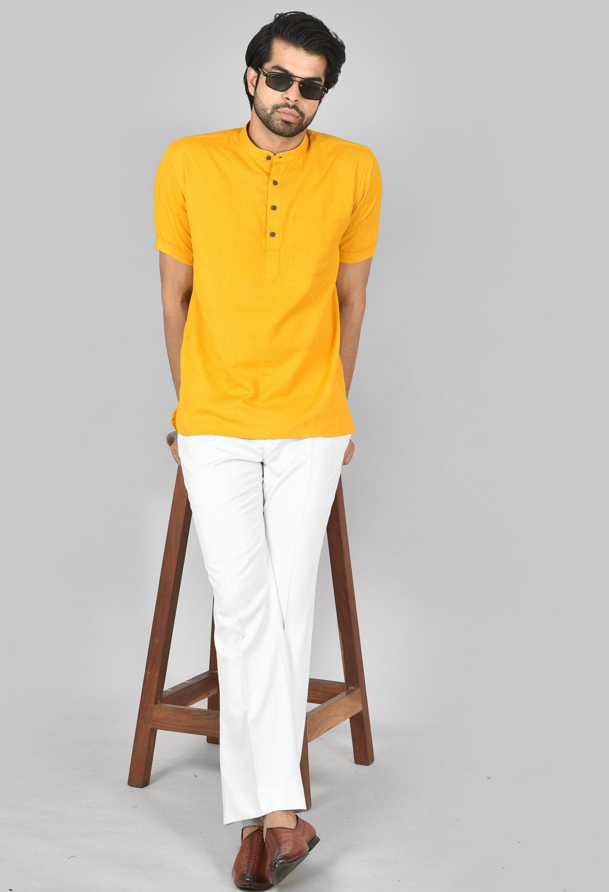 Mustard Plain Short Sleeves Kurta