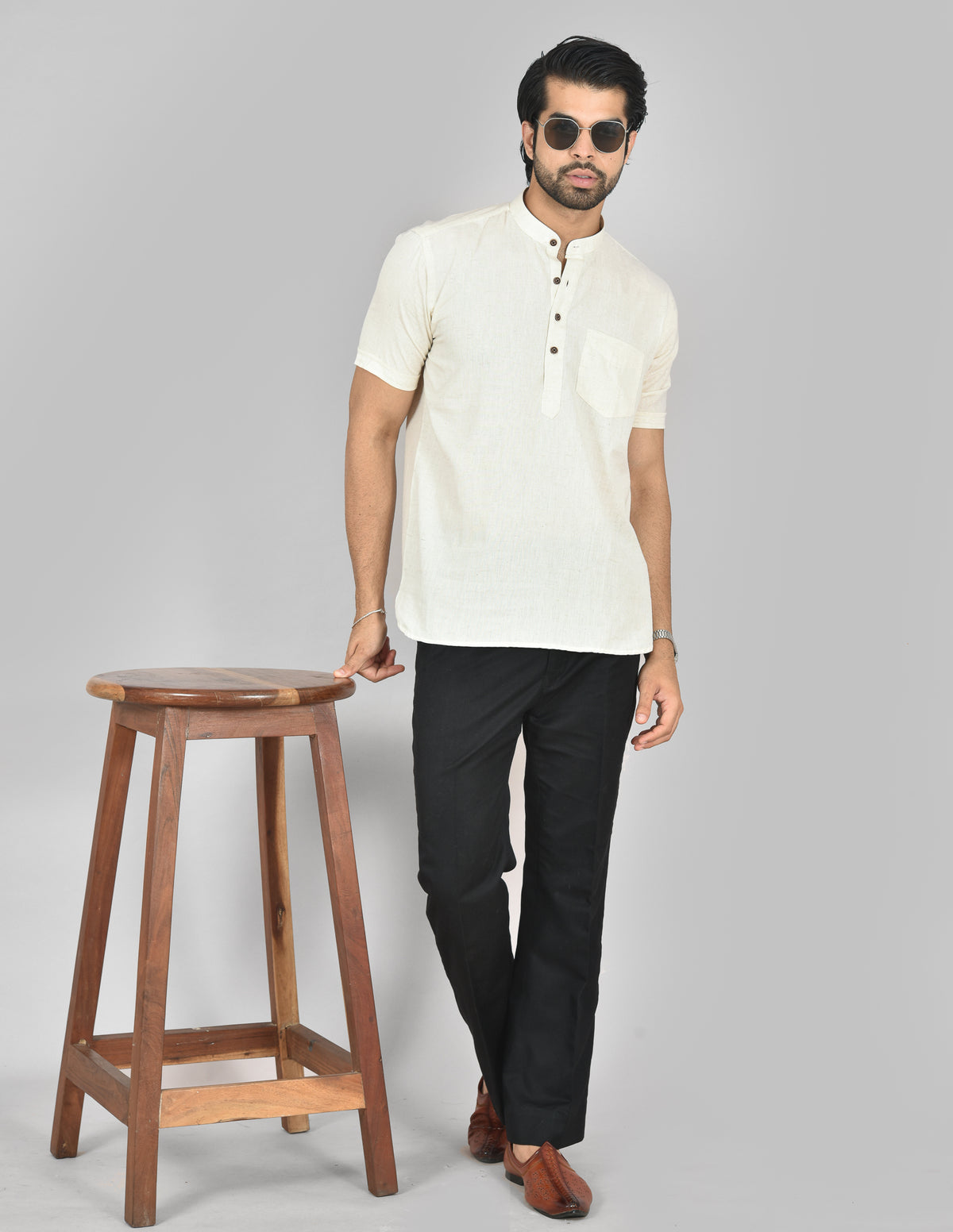 Off-White Plain Short Sleeves Kurta
