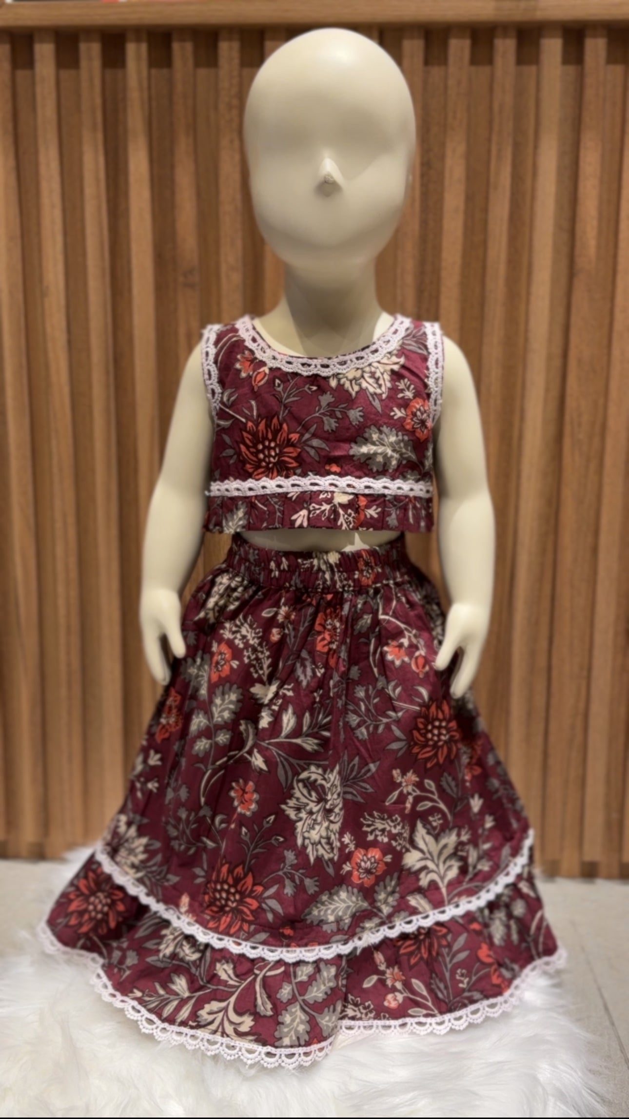 Floral Printed Red Lace Work Lehenga