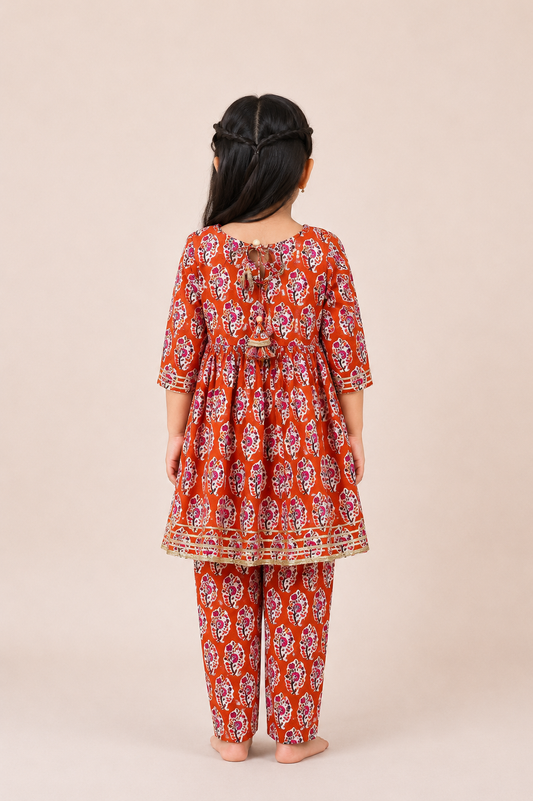 Orange Floral Gota Lace Top with Straight Pants