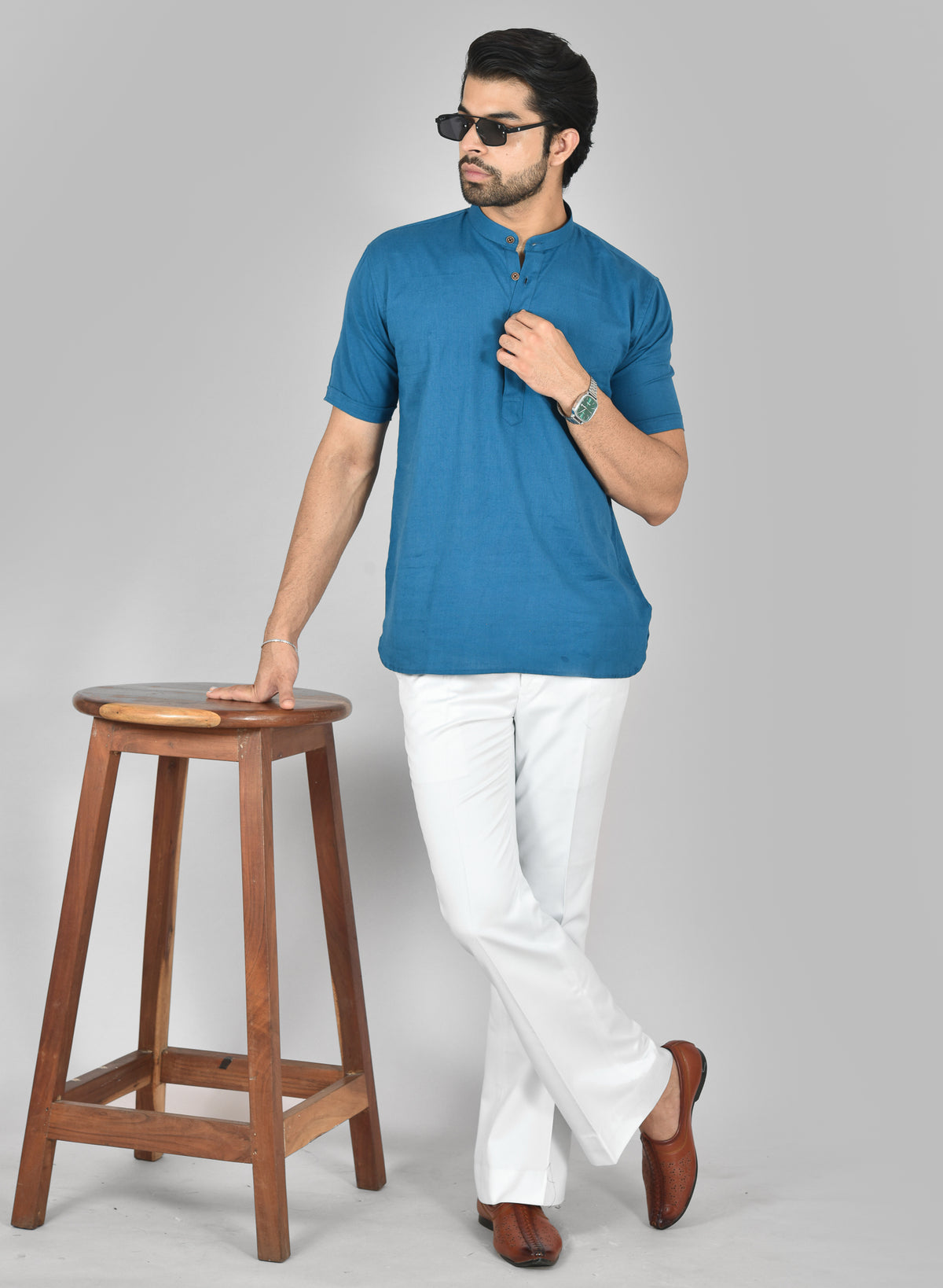 Blue Plain Short Sleeves Kurta
