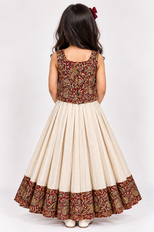 Maroon Mayil Kalamkari Pavadai