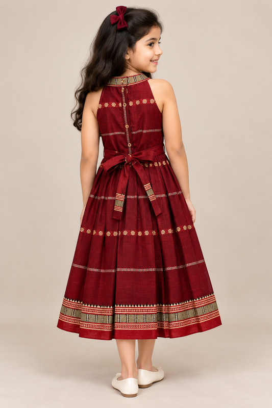 Maroon Temple Boarder High Neck Halter Dress