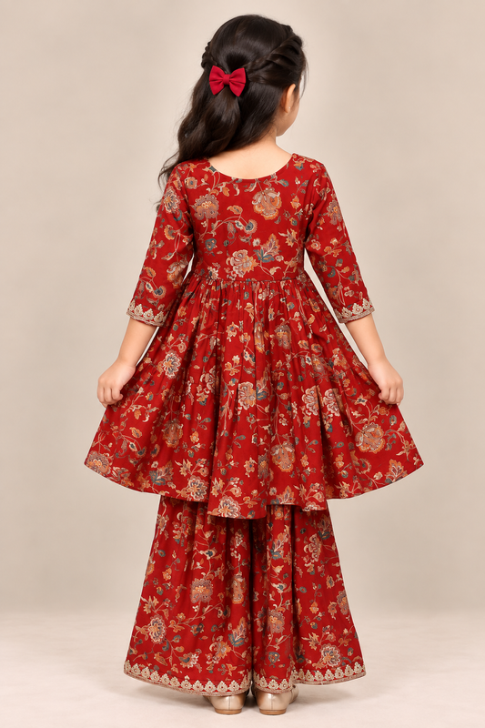Red Floral Gota Lace Top with Sharara Pants