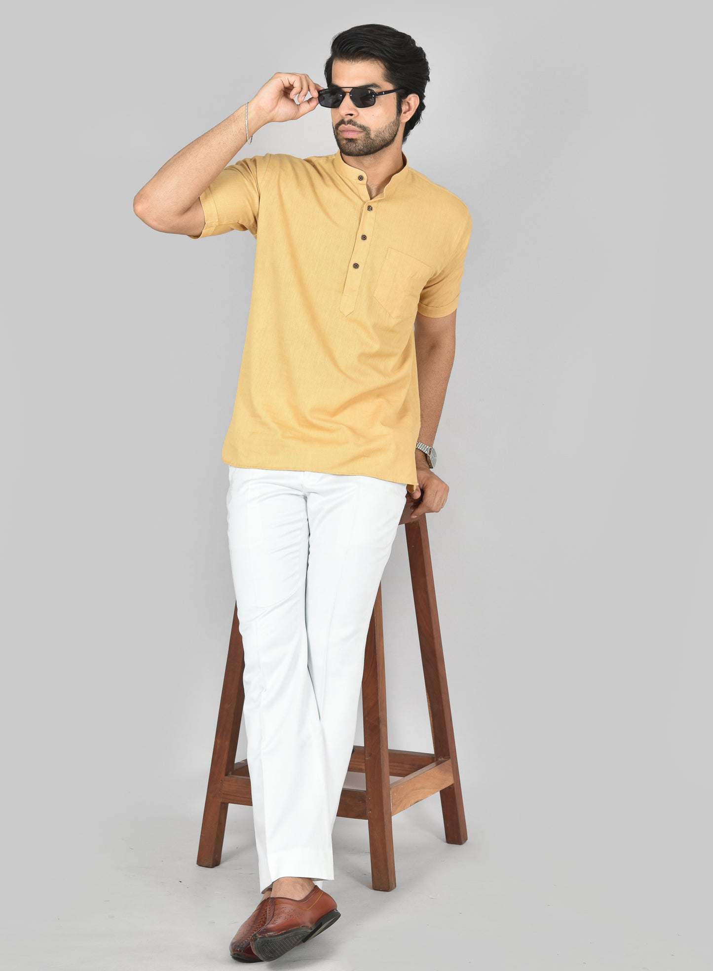 Champagne Plain Short Sleeves Kurta
