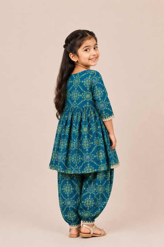 Teal Floral Gota Lace Top with Tulip Pants