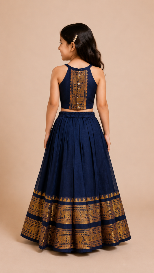 Navy Zari Border Top with Pleated Skirt