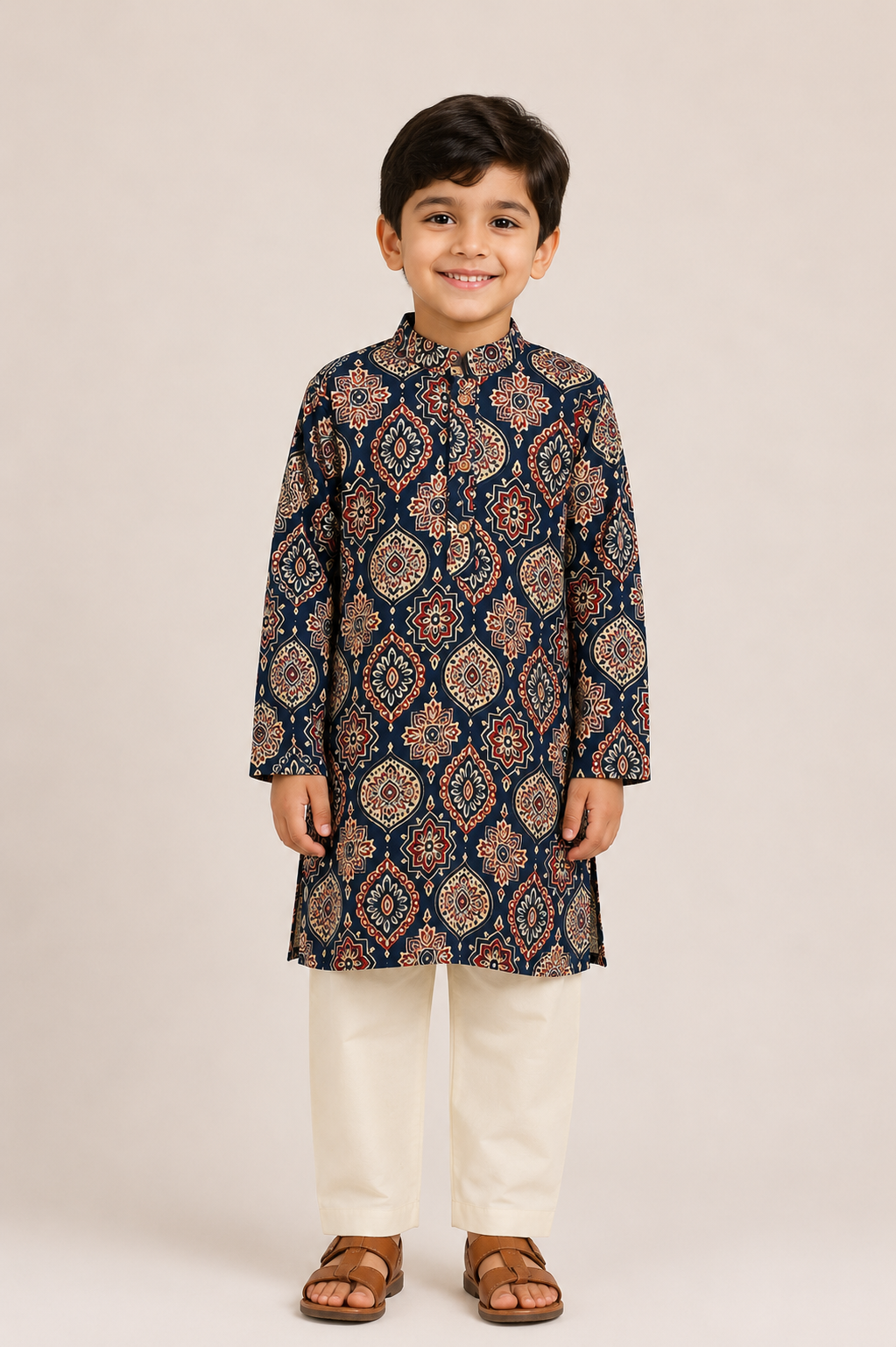 Blue Ajrakh Kurta Set Sibling Combo