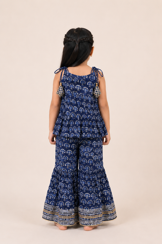 Navy Block Floral Tiered Top with Sharara Pants