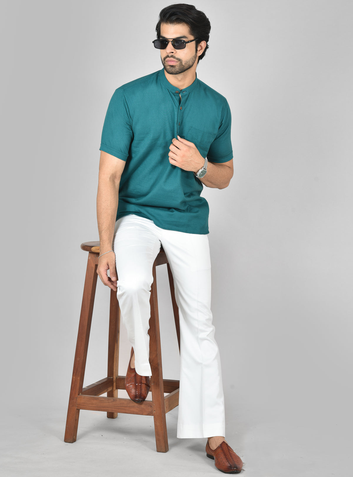 Forest Green Plain Short Sleeves Kurta