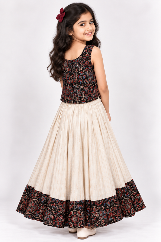 Soft Cotton Gold Stripped Skirt with Ajrak Top