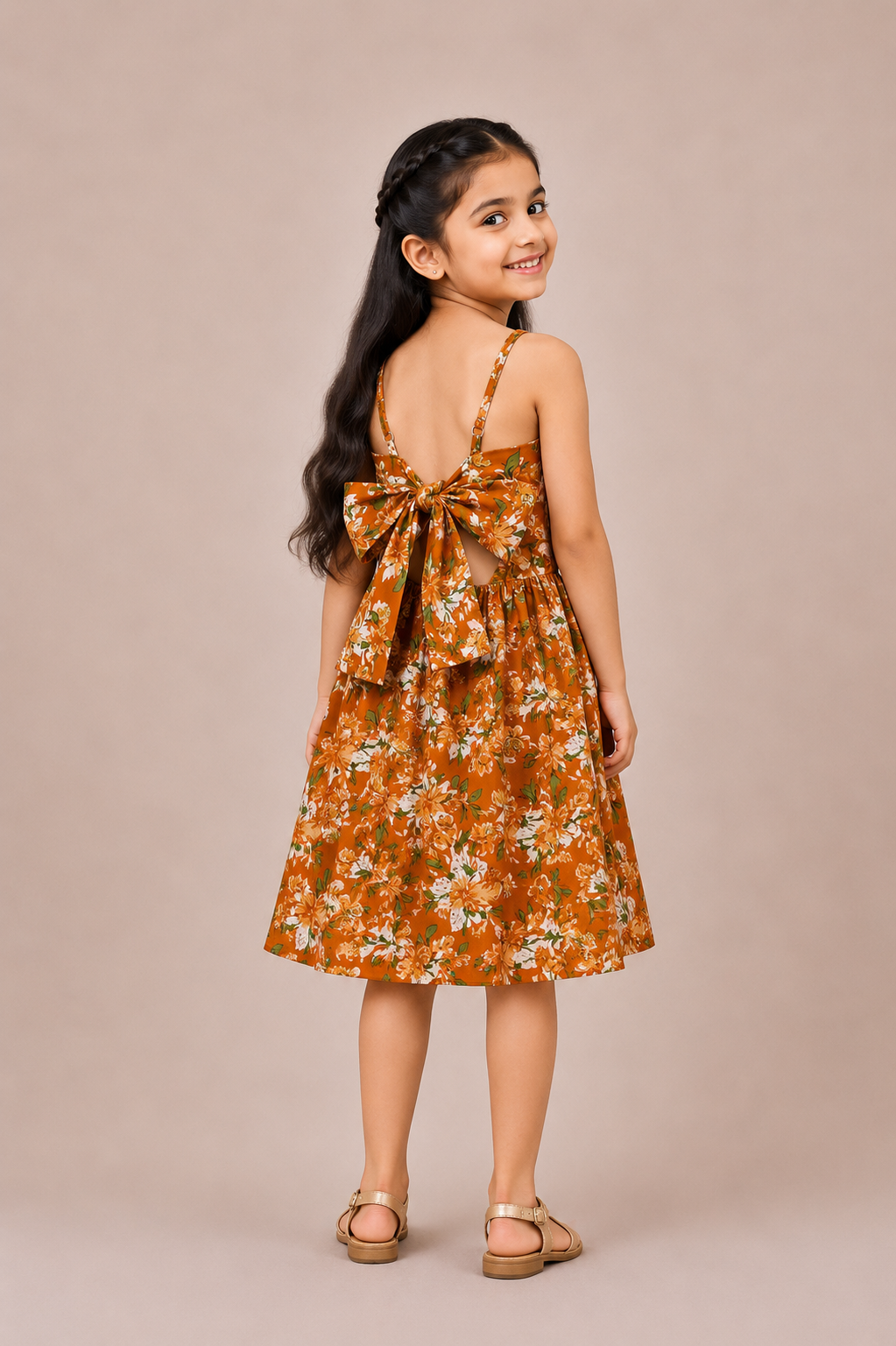 Orange Floral Smocked Dress with Tie-Back Ribbon