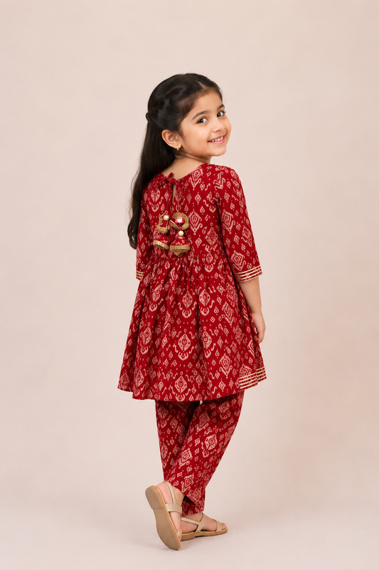 Fuchsia Ikat Gota Lace Top with Straight Pants