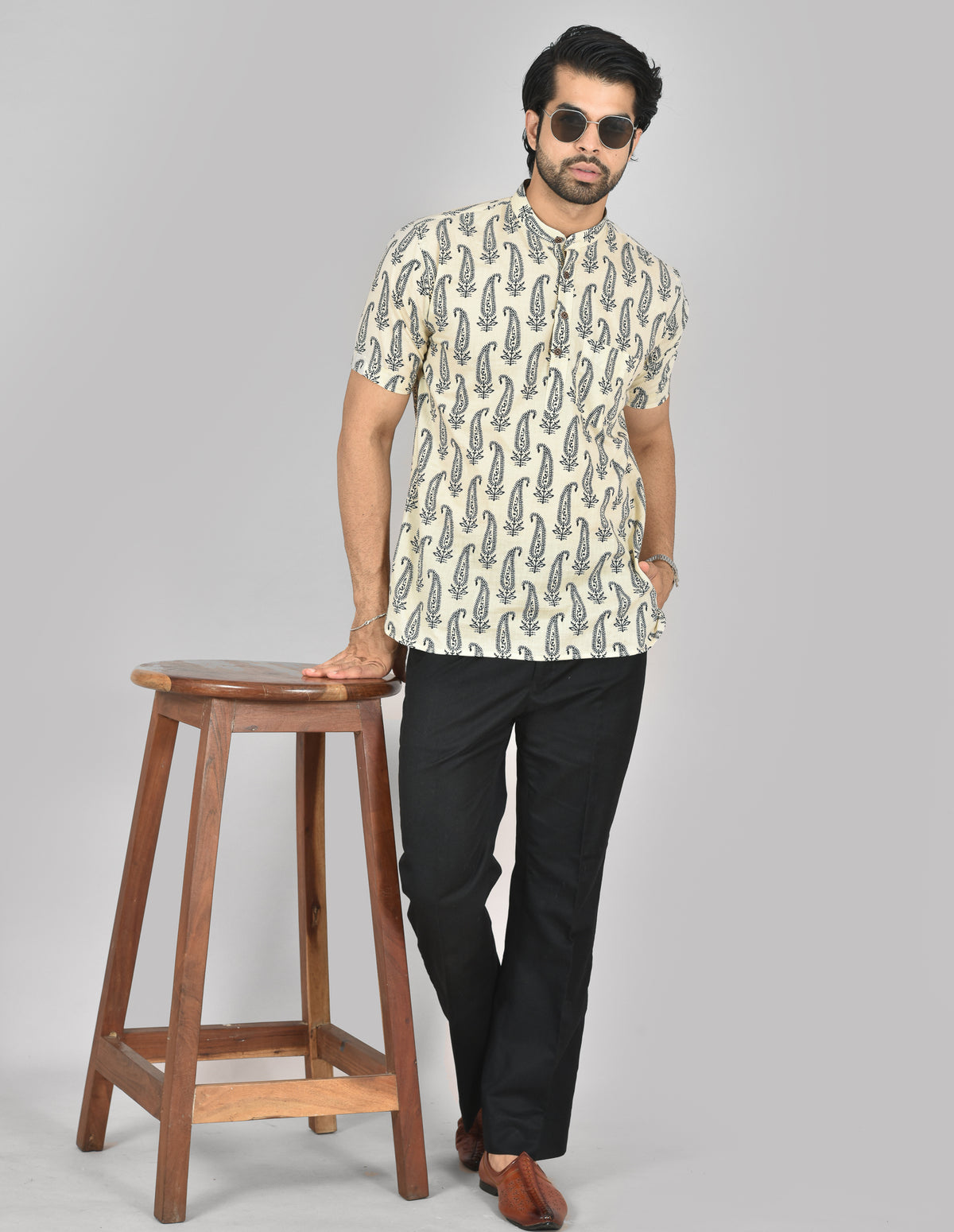 Camel Black Paisley Short Sleeves Kurta MK
