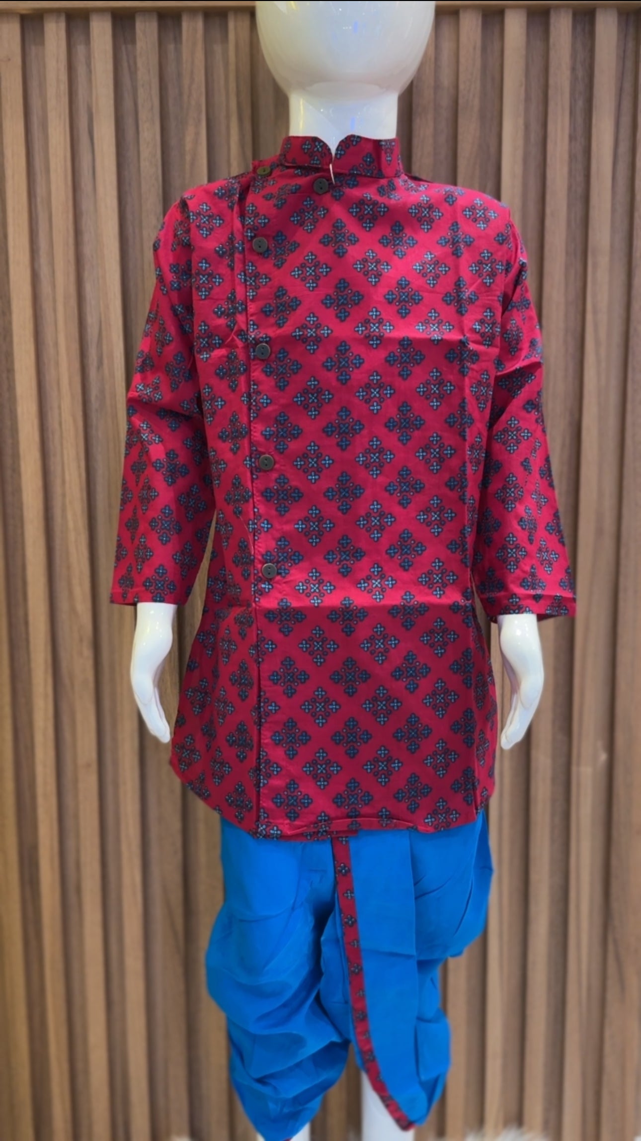 Fuchsia Floral Geometry Kurta with Blue Dhoti