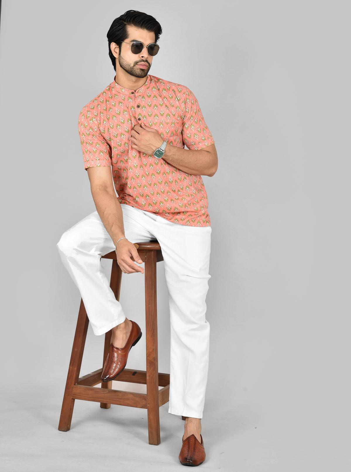 Coral Motif Short Sleeves Kurta