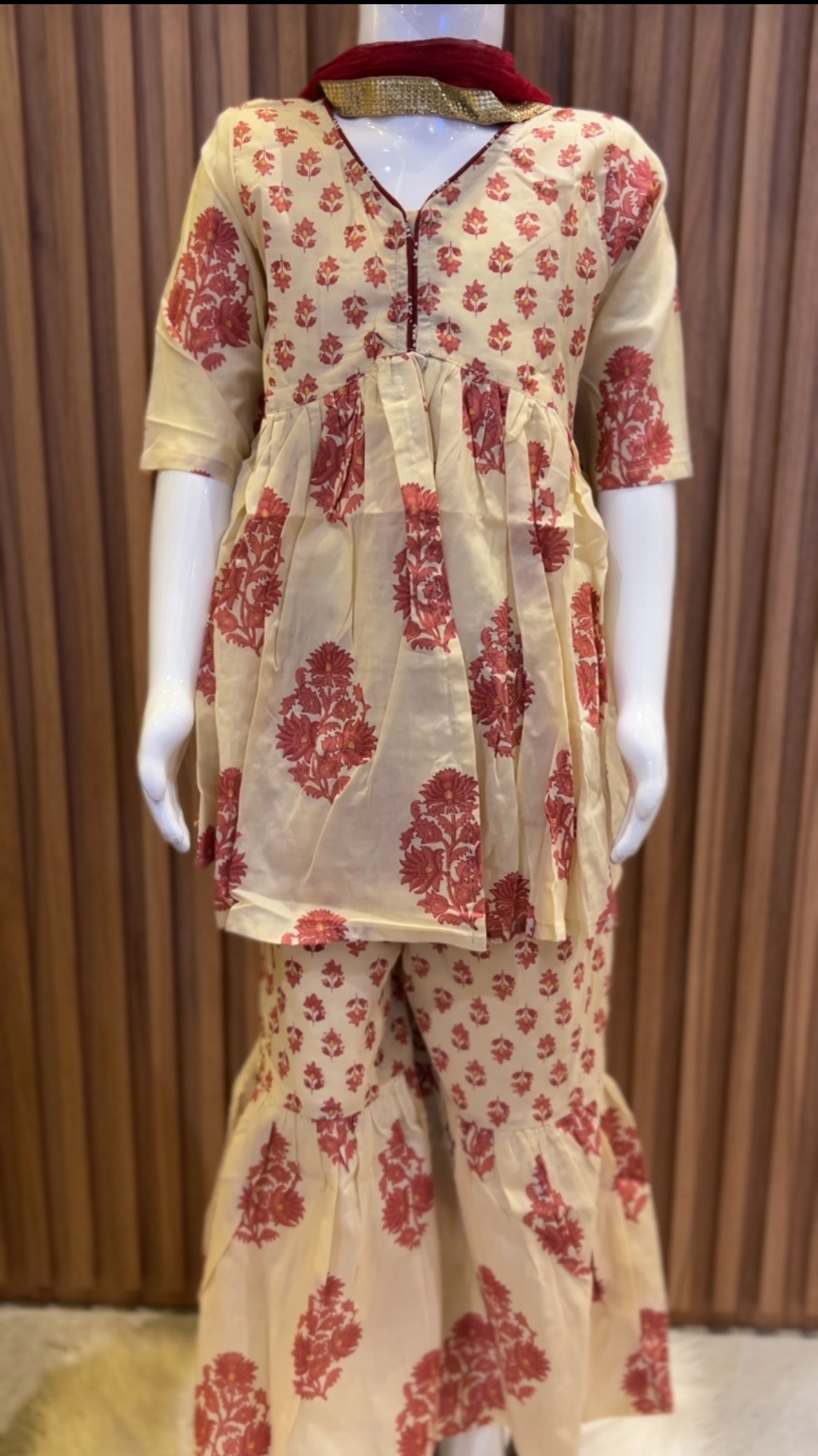Cream with Maroon Buti & Floral Print Sharara Set