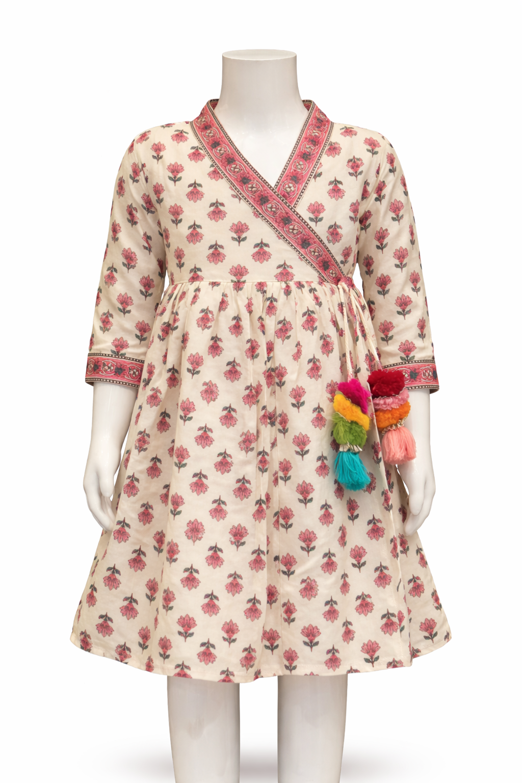 Cream & Pink Angrakha with Tassels