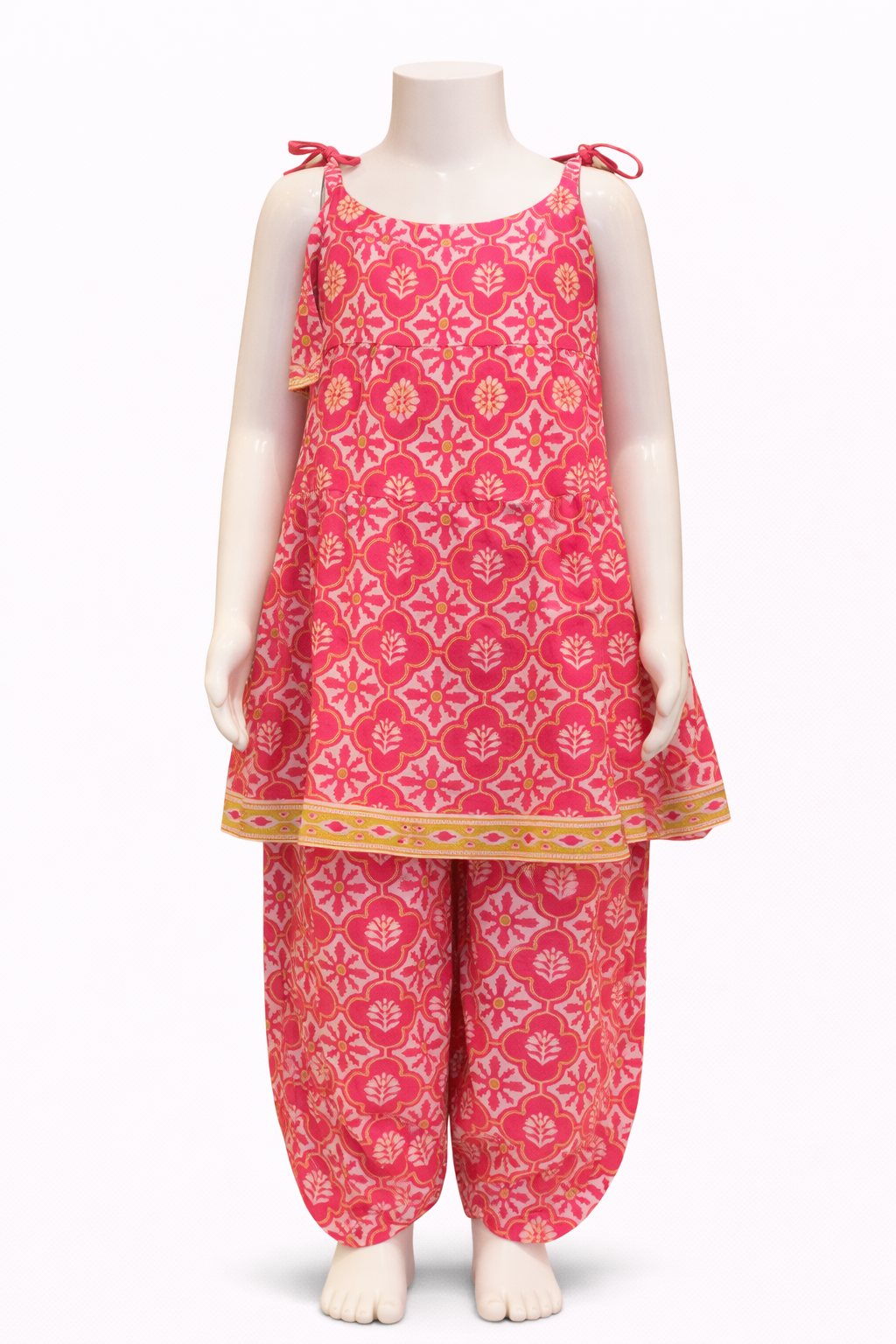 Bright Pink Motif Tiered Kurti with Afghan Pant