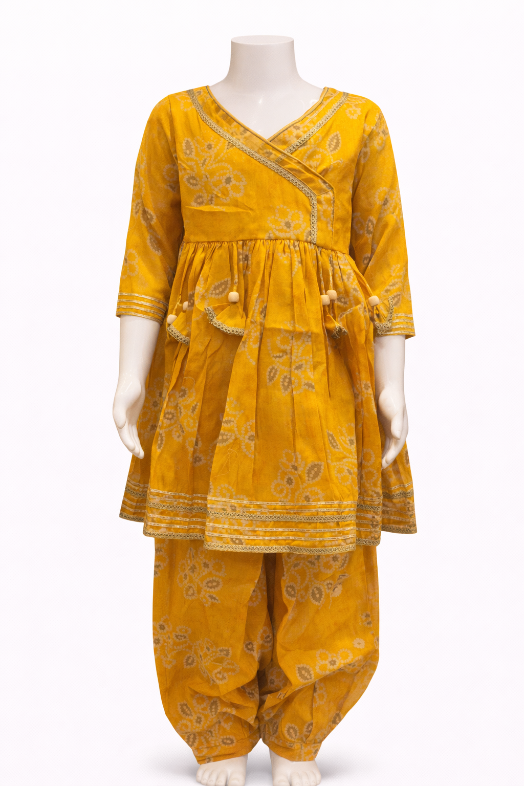 Yellow Floral Printed Muslin Kurti with Afghan Pant