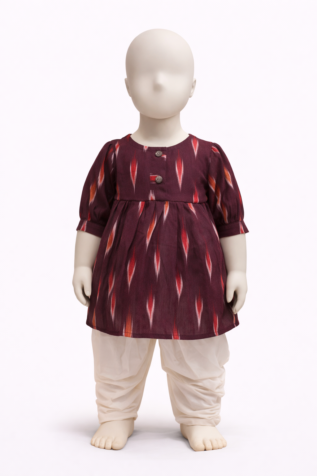 Burgundy Ikat Kurti with White Dhoti