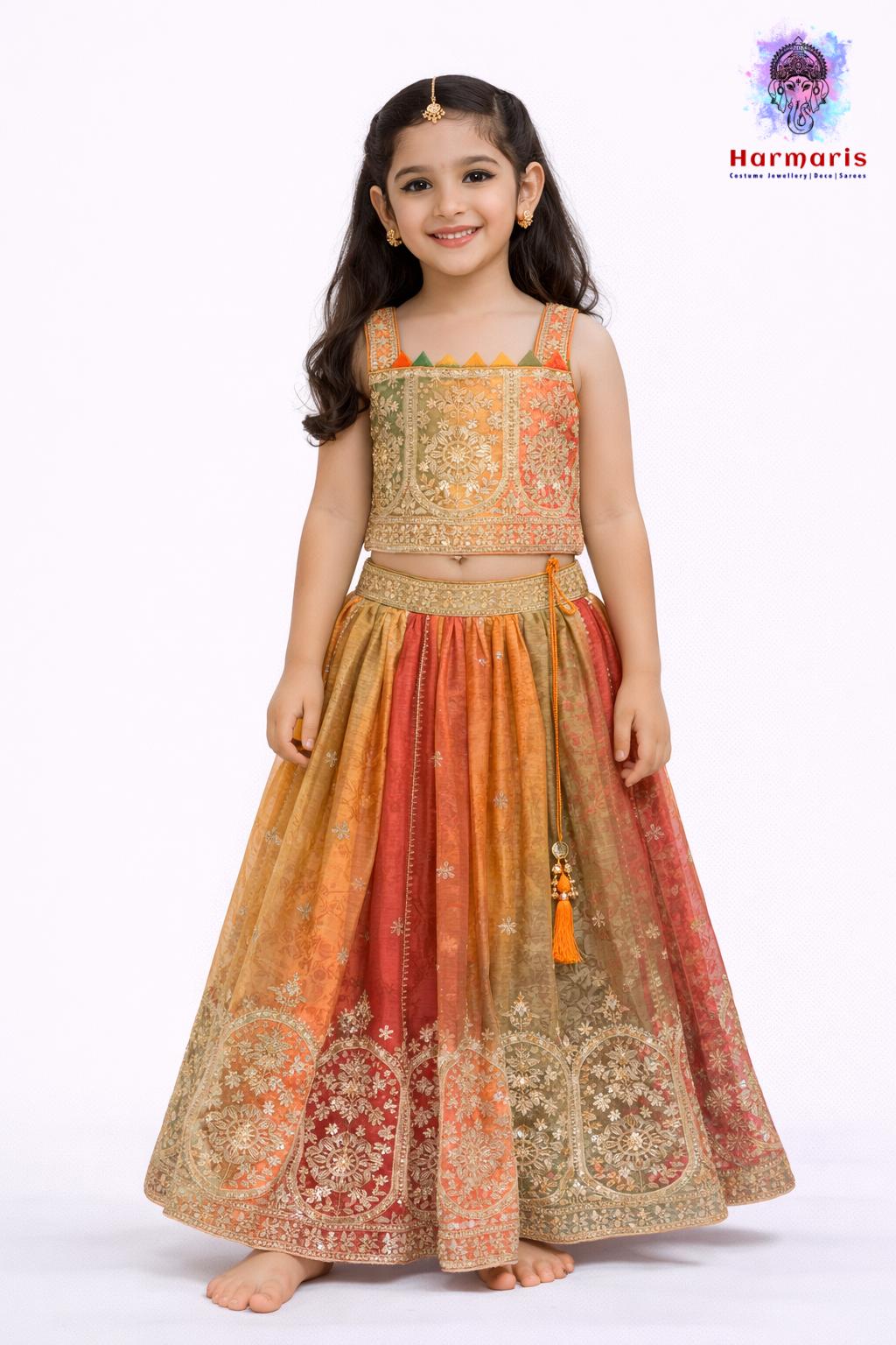Girls Gold & Orange Brocade Lehenga Choli Set