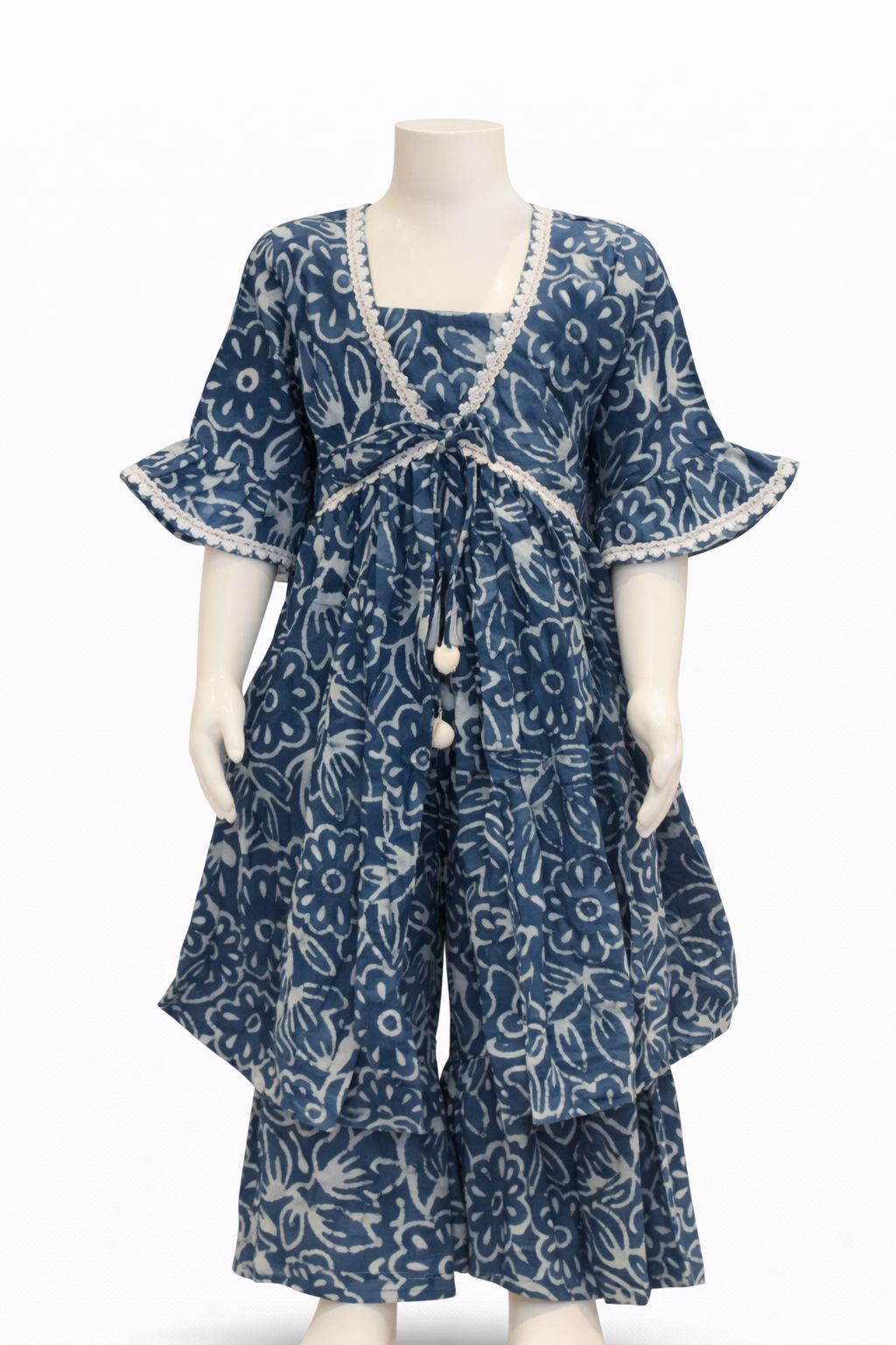 Blue & White Block Print Kurti with Sharara Pant