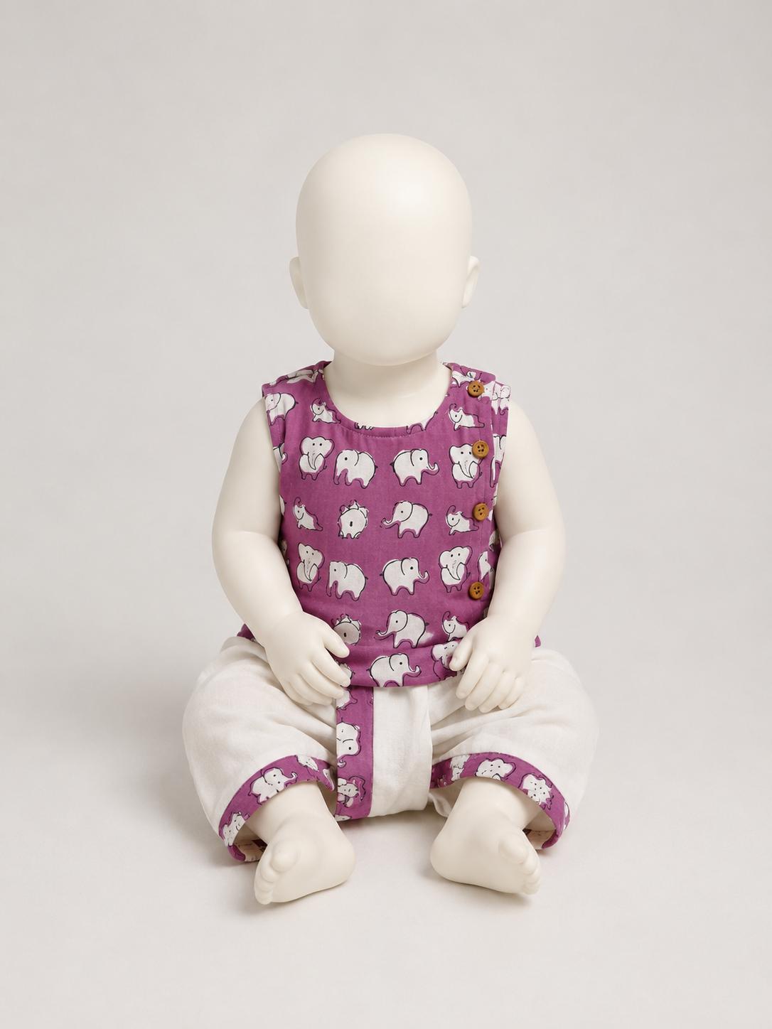 Lavender Elephant Print Cotton Dhoti Set