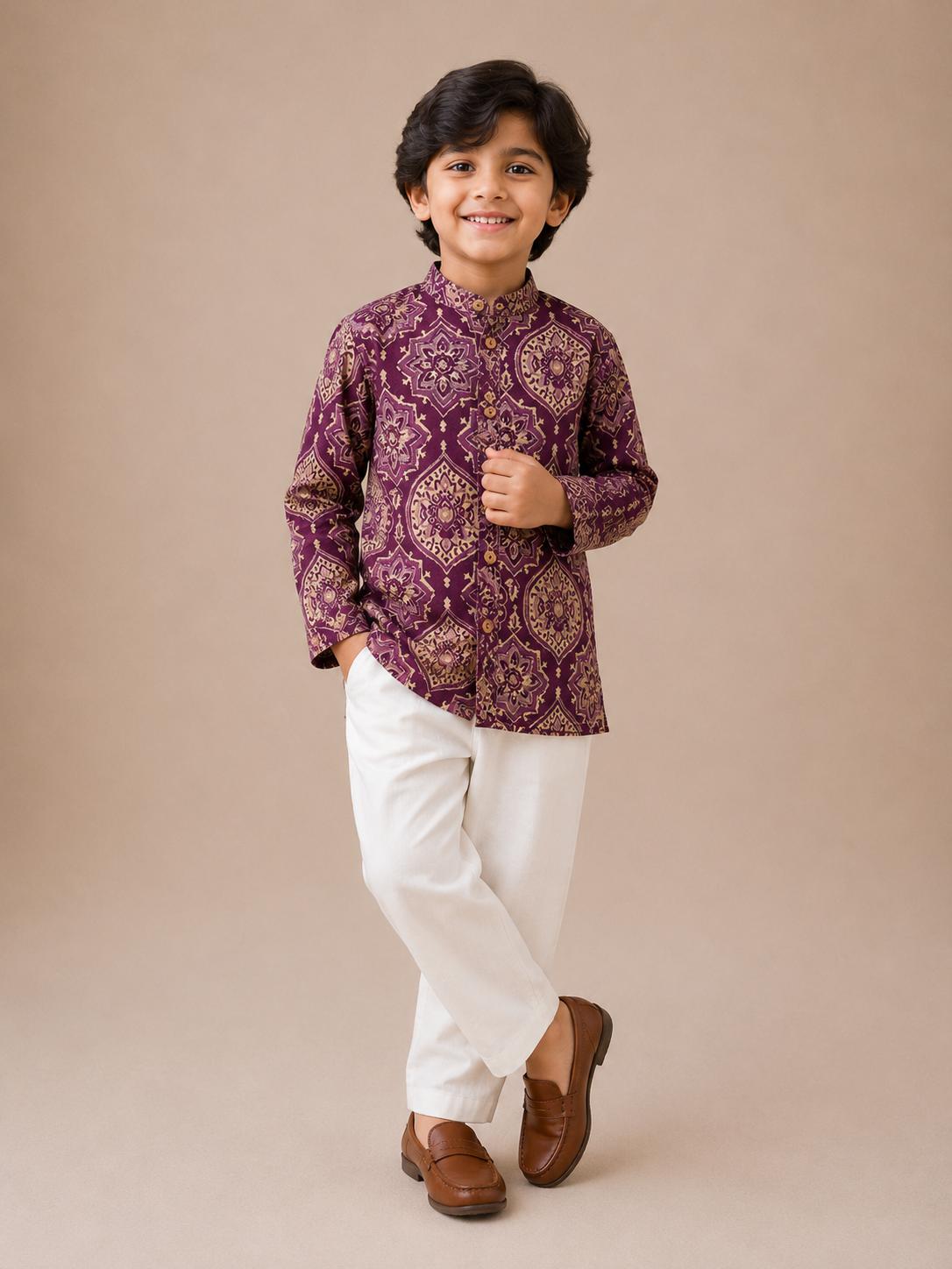 Plum Mughal Tiles Kurta with Pants Family Combo