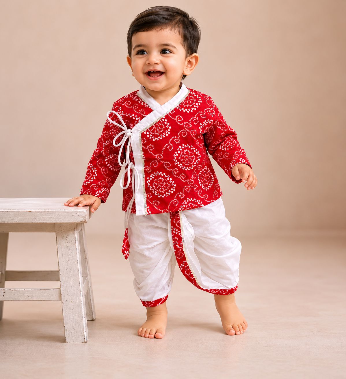 Red & White Bandhej Dhoti Kurta