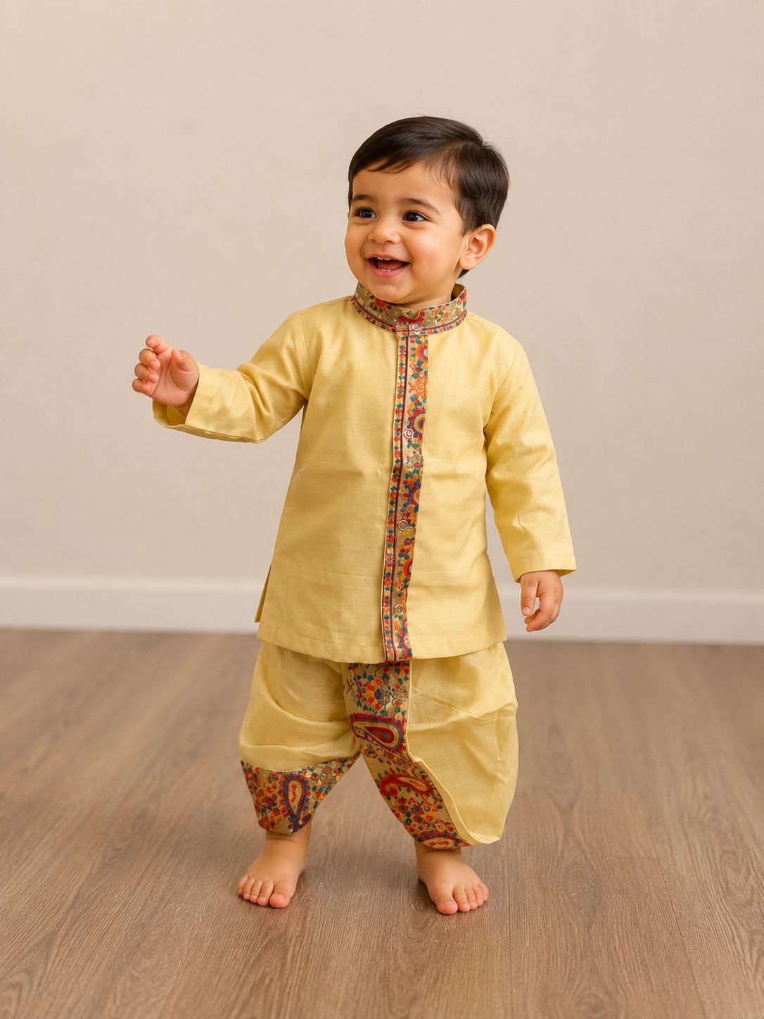 Gold Chanderi Kurta & Dhoti with Paisley Border