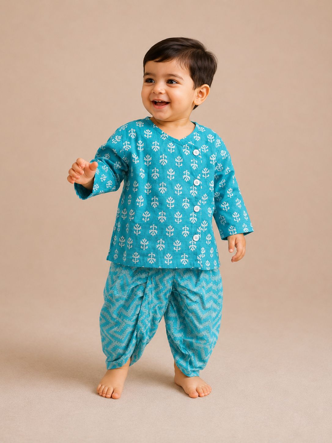 Sky Blue Flower Kurta with Dhoti