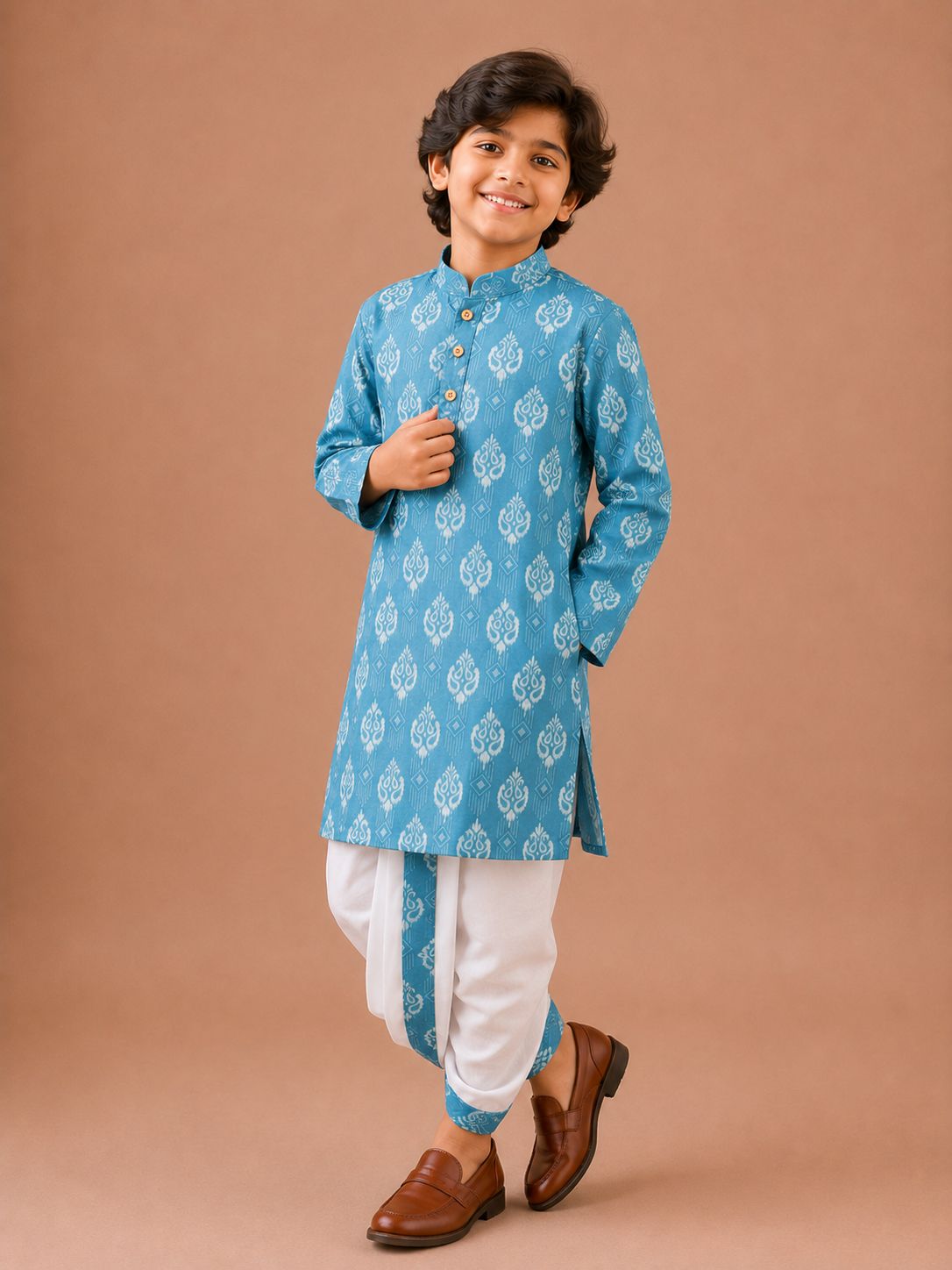 Sky Blue Ikat Print Kurta with Dhoti Set