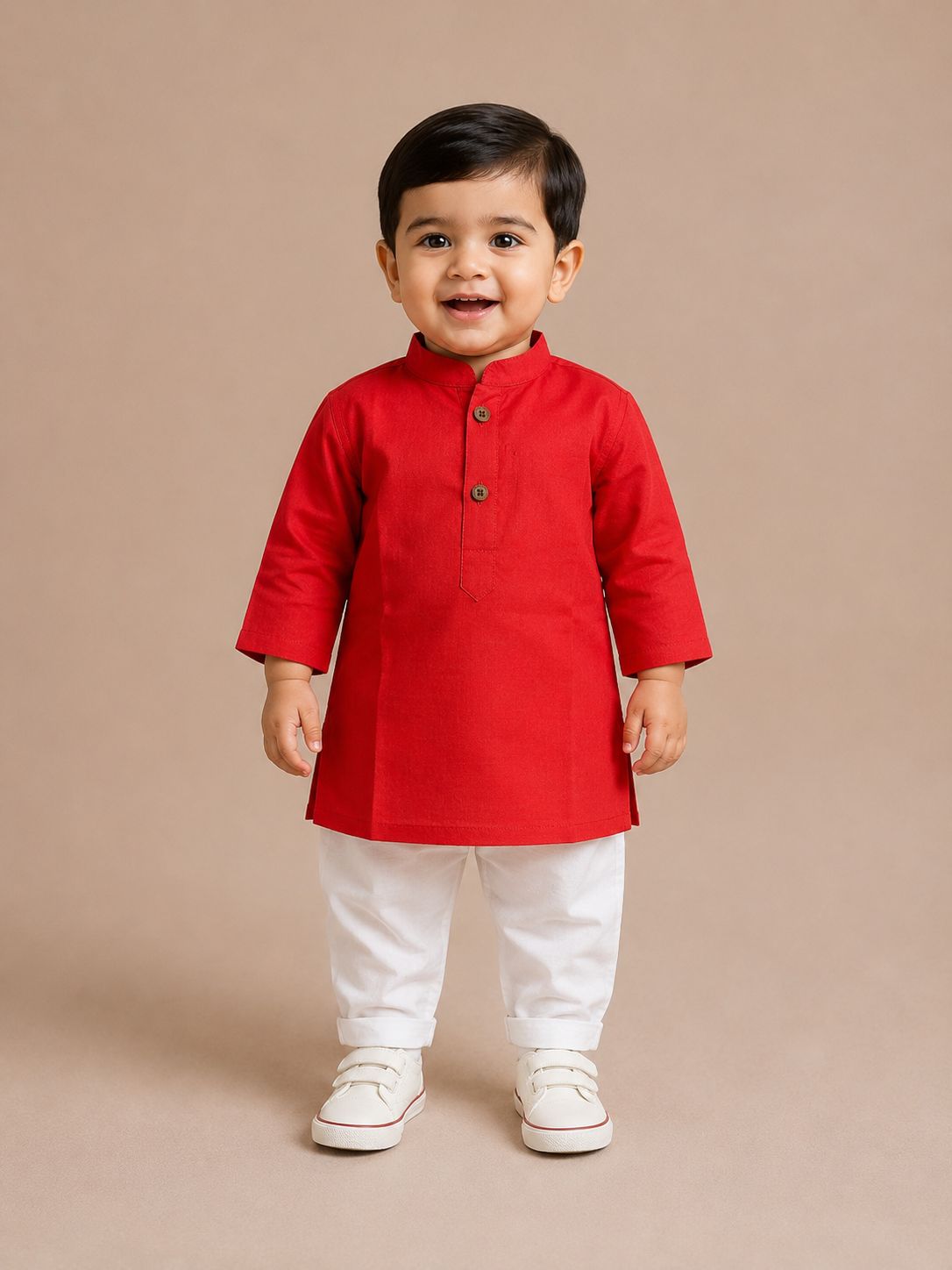 Solid Red Long Kurta with Pyjama