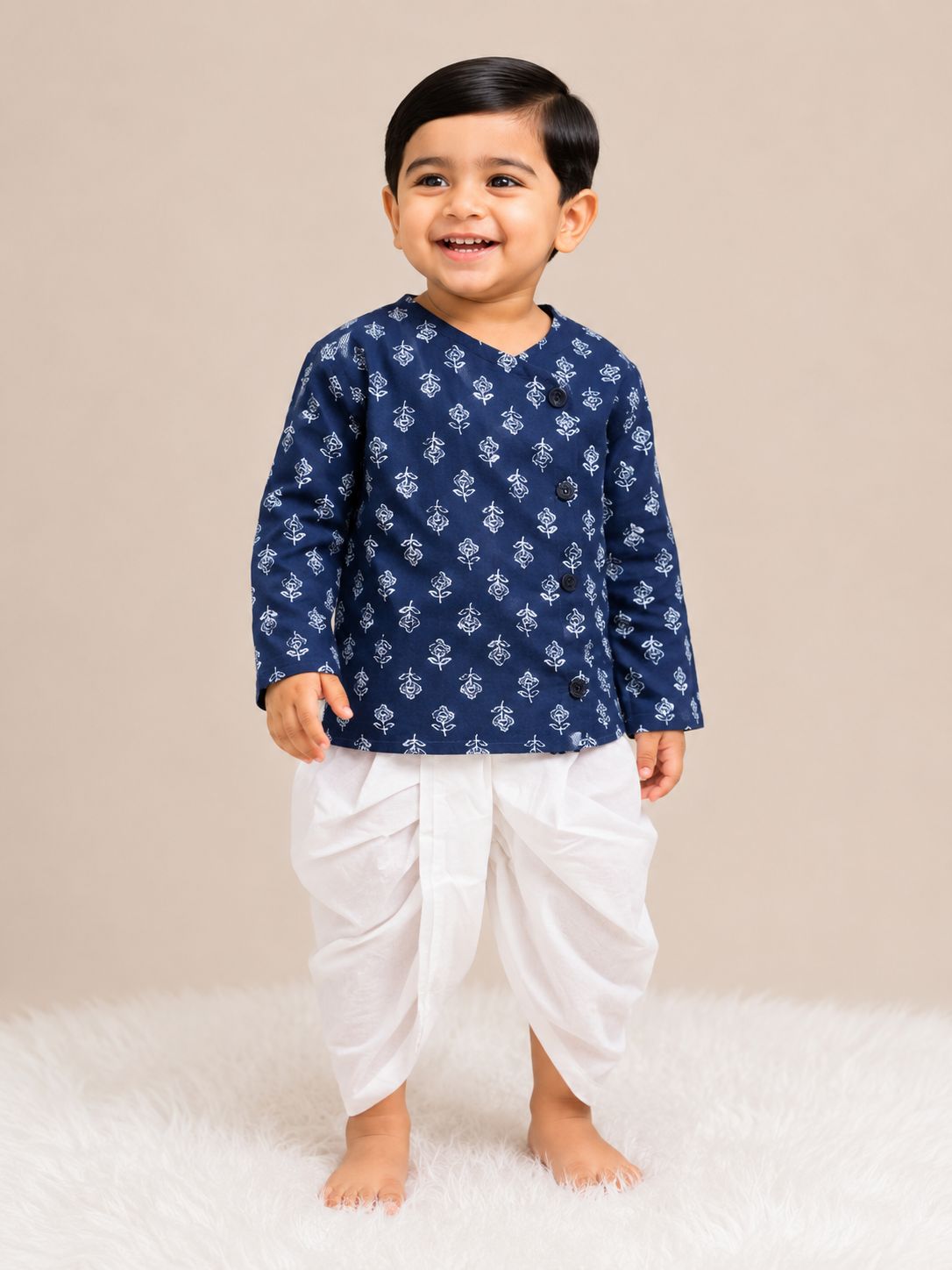 Dark Blue Flower Kurta with Dhoti