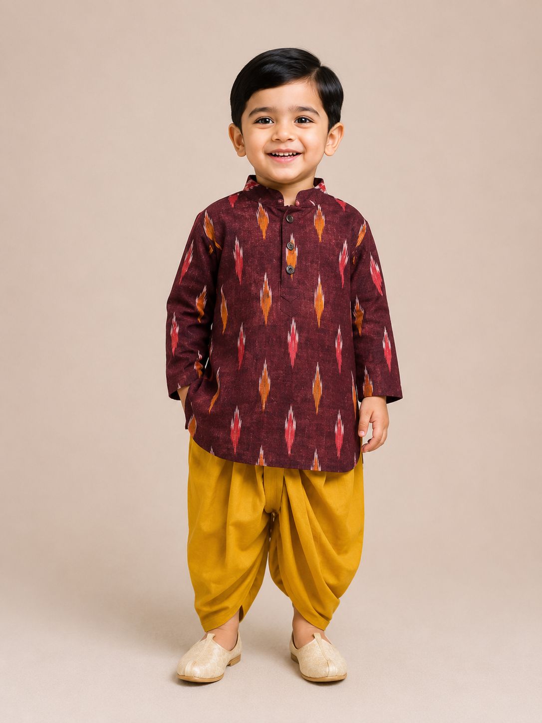 Burgundy Fire Ikat Kurta with Yellow Dhoti