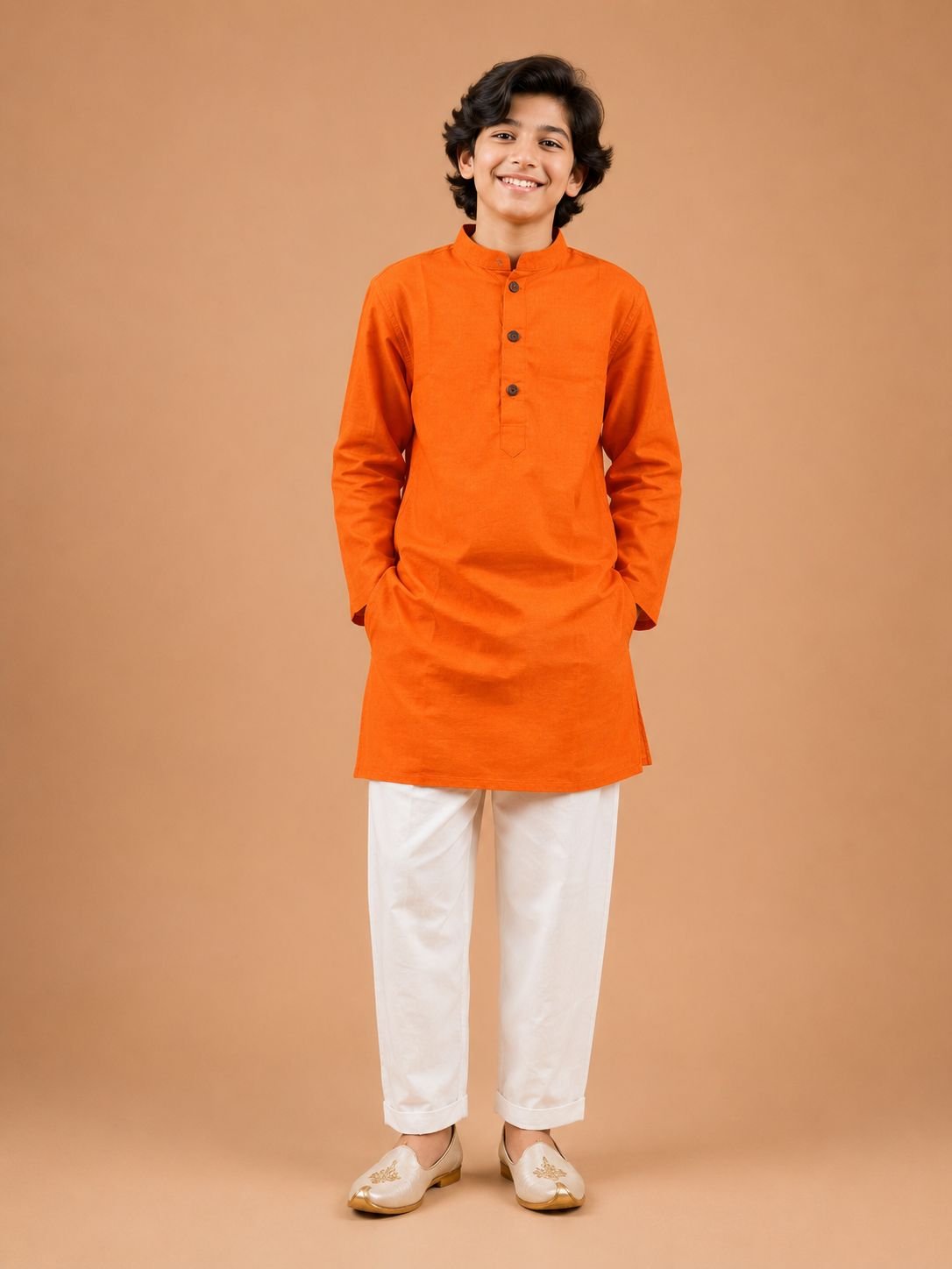 Solid Orange Long Kurta with Pyjama