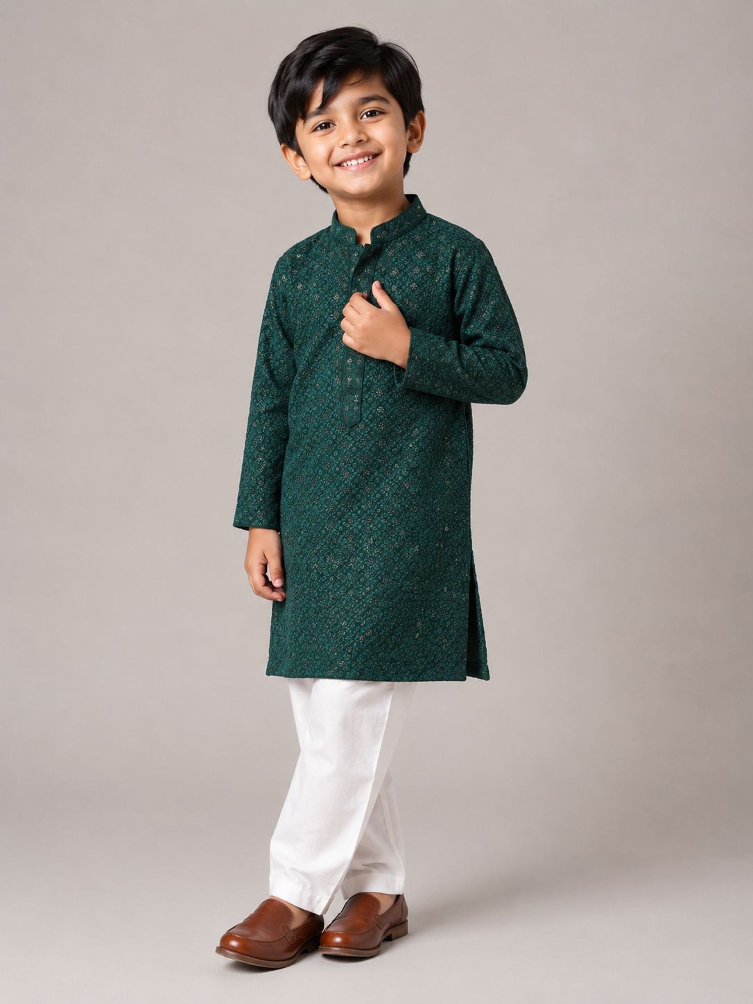 Bottle Green Chikankari Kids Kurta Set