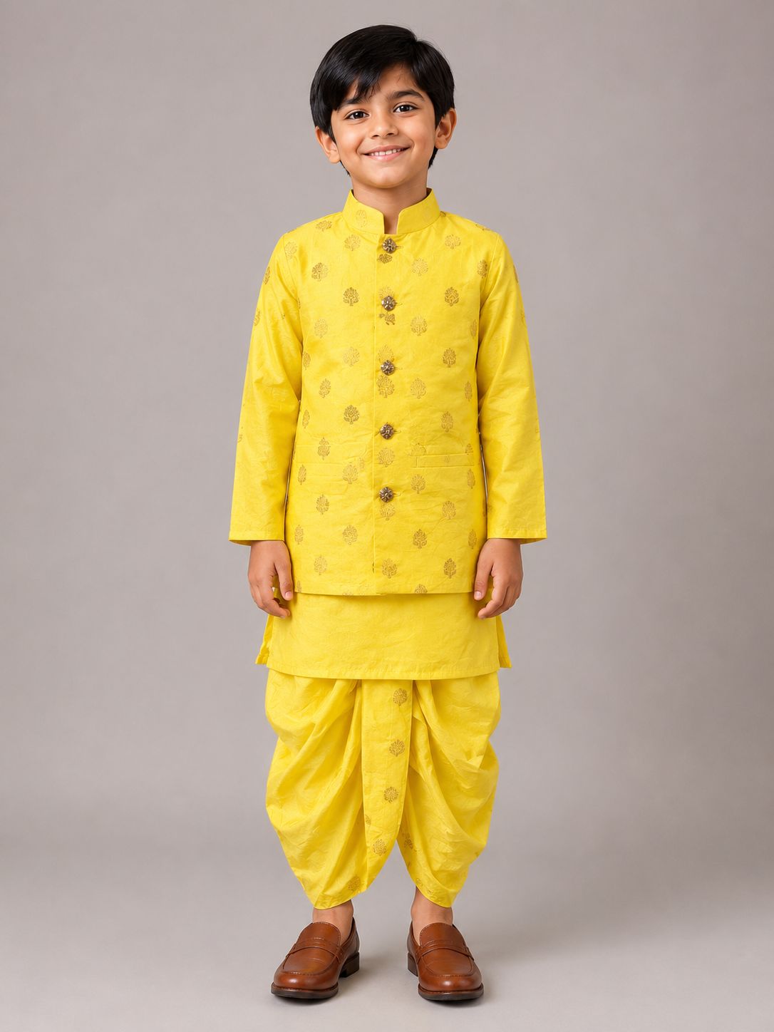 Yellow Floral Embroidery Nehru Jacket with Kurta and Dhoti Set
