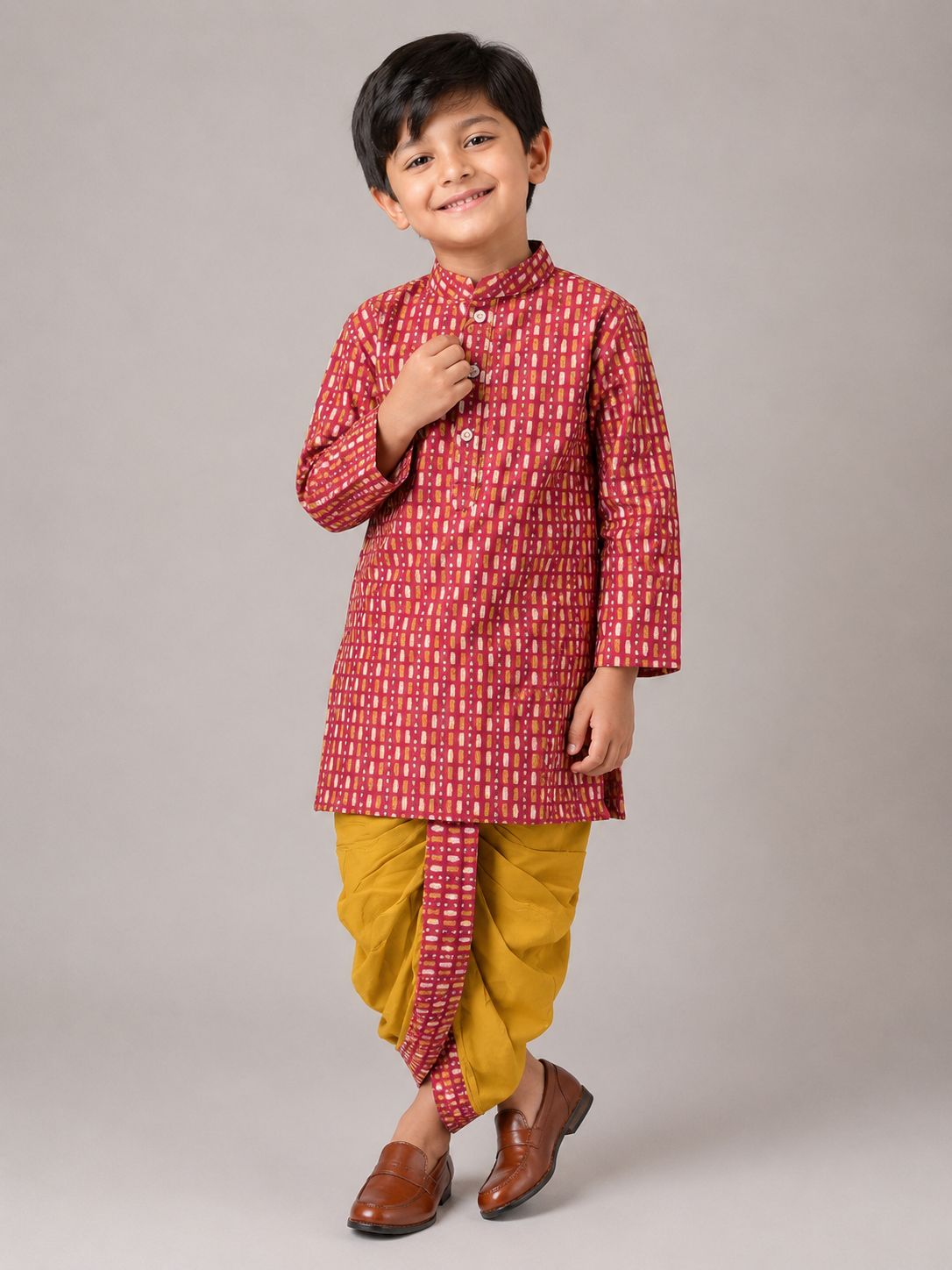 Pink Grid Kurta with Yellow Dhoti