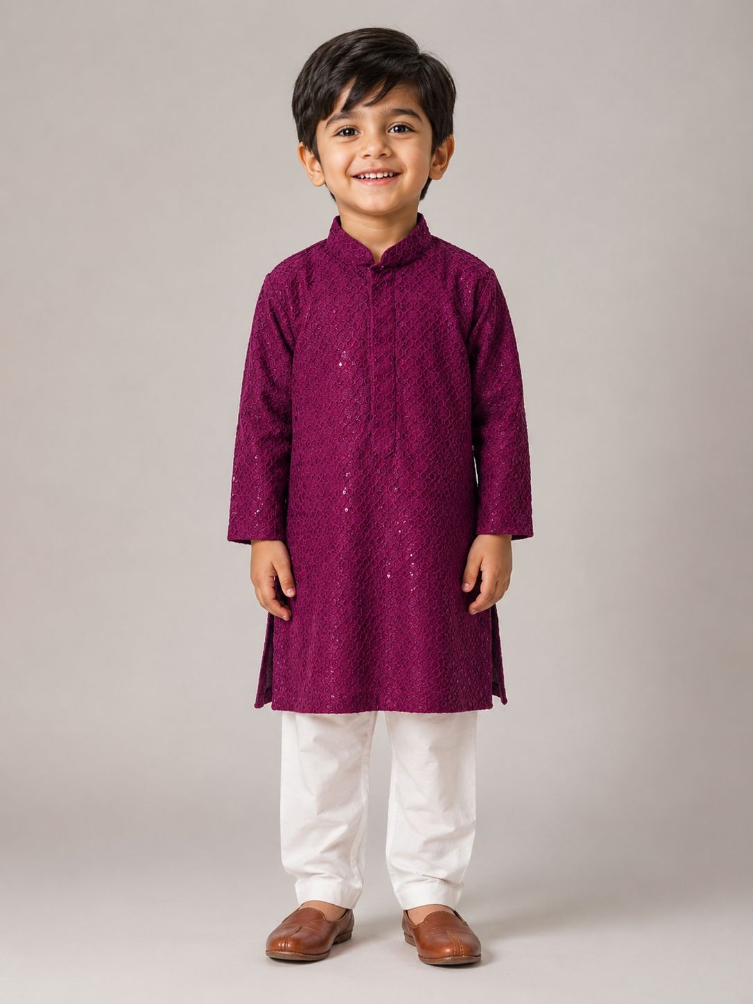 Wine Chikankari Kids Kurta Set
