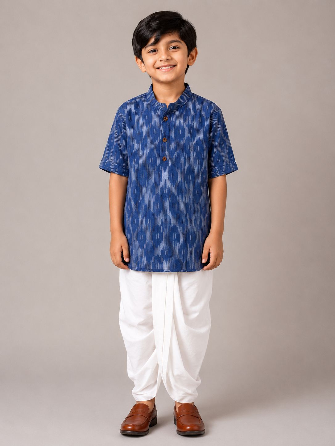 Electric Blue Ikat Short Sleeve Kurta with Dhoti