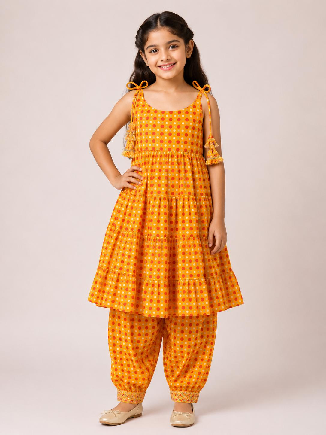Orange Pink Polka Dot Tier Kurti with Afghan Pant