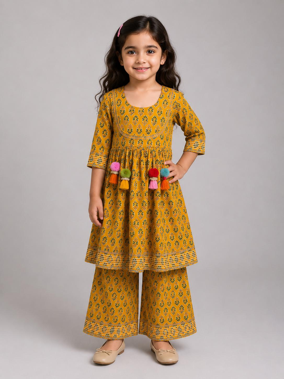 Yellow Floral Kurti with Sharara Pant