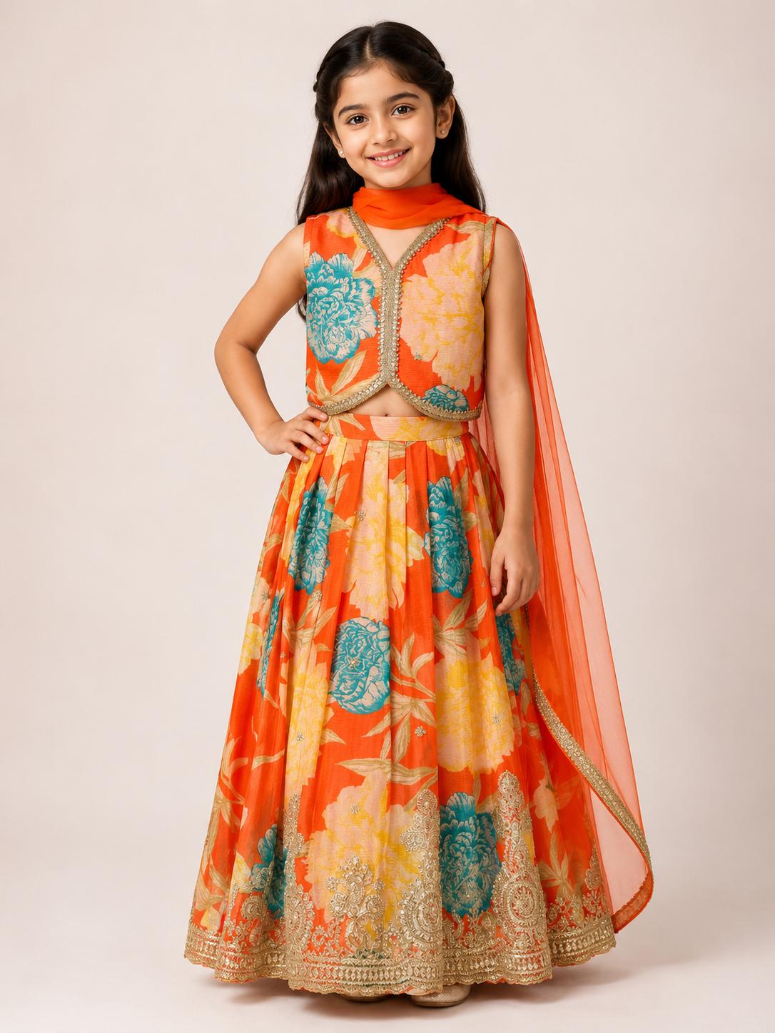 Coral Red Floral Lehenga with Silver Embroidery