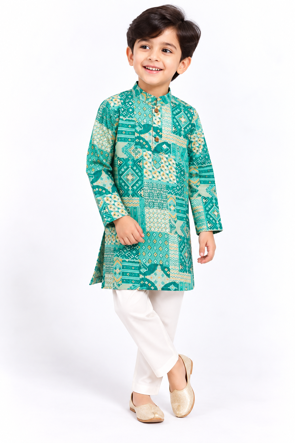Turquoise Geometric Patchwork Kurta Set