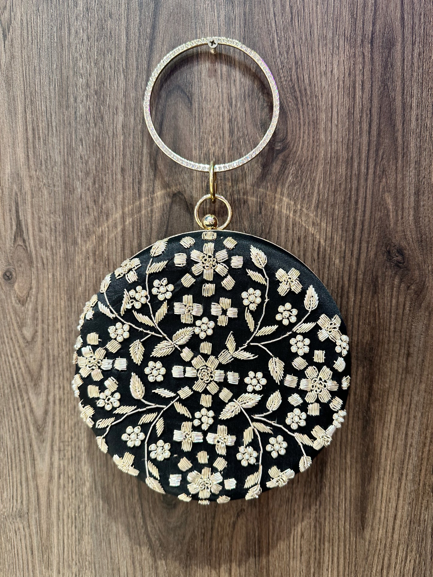 Black Embroidered Diamond Studded Wristlet with Gold Sling Chain
