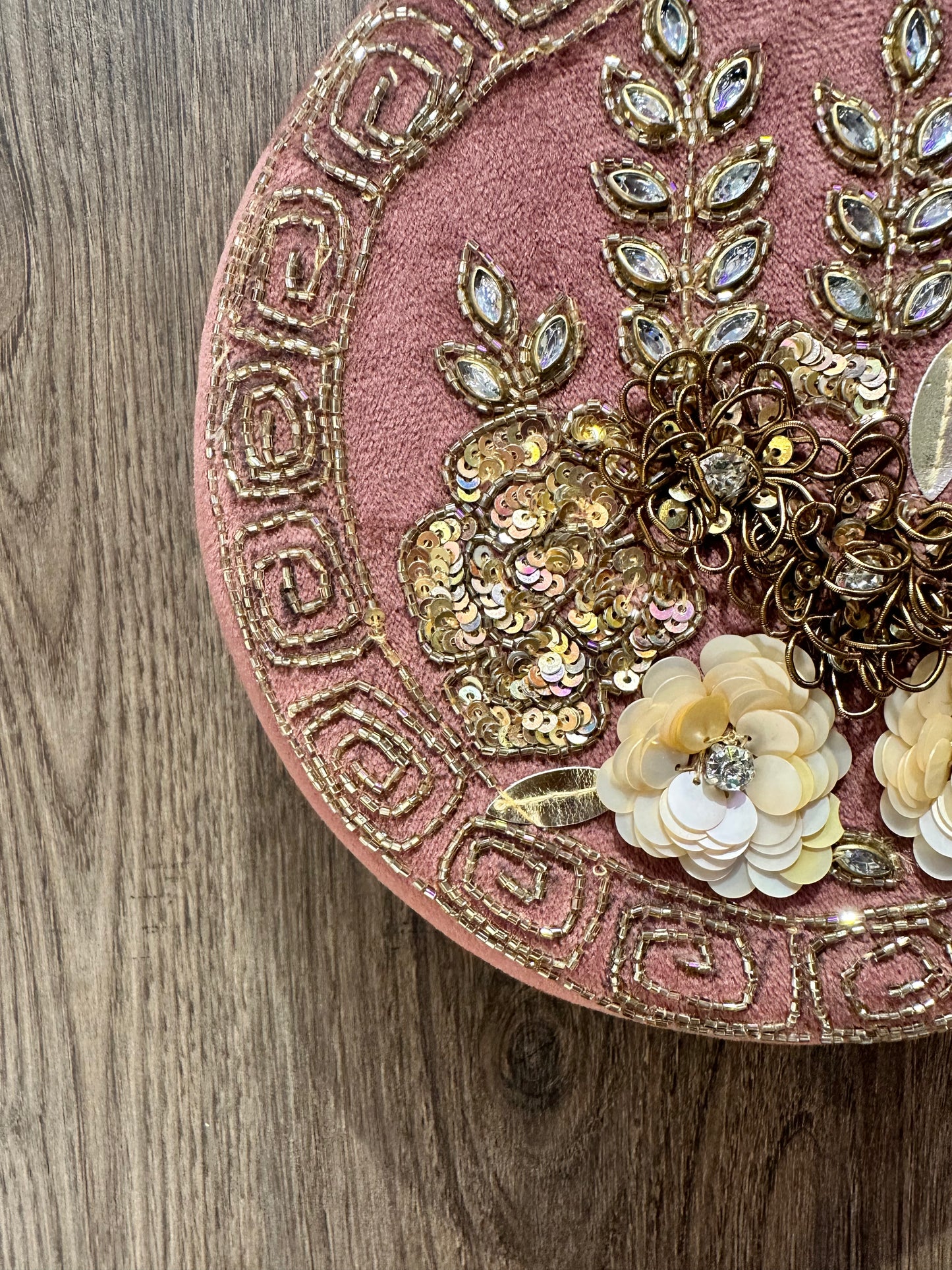 Nude Pink Floral Embroidered Diamond Studded Wristlet with Gold Sling Chain