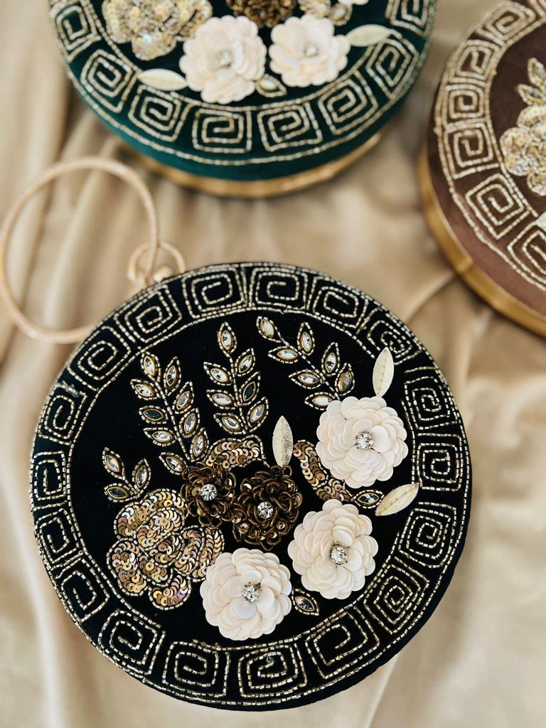 Black Floral Embroidered Diamond Studded Wristlet with Gold Sling Chain